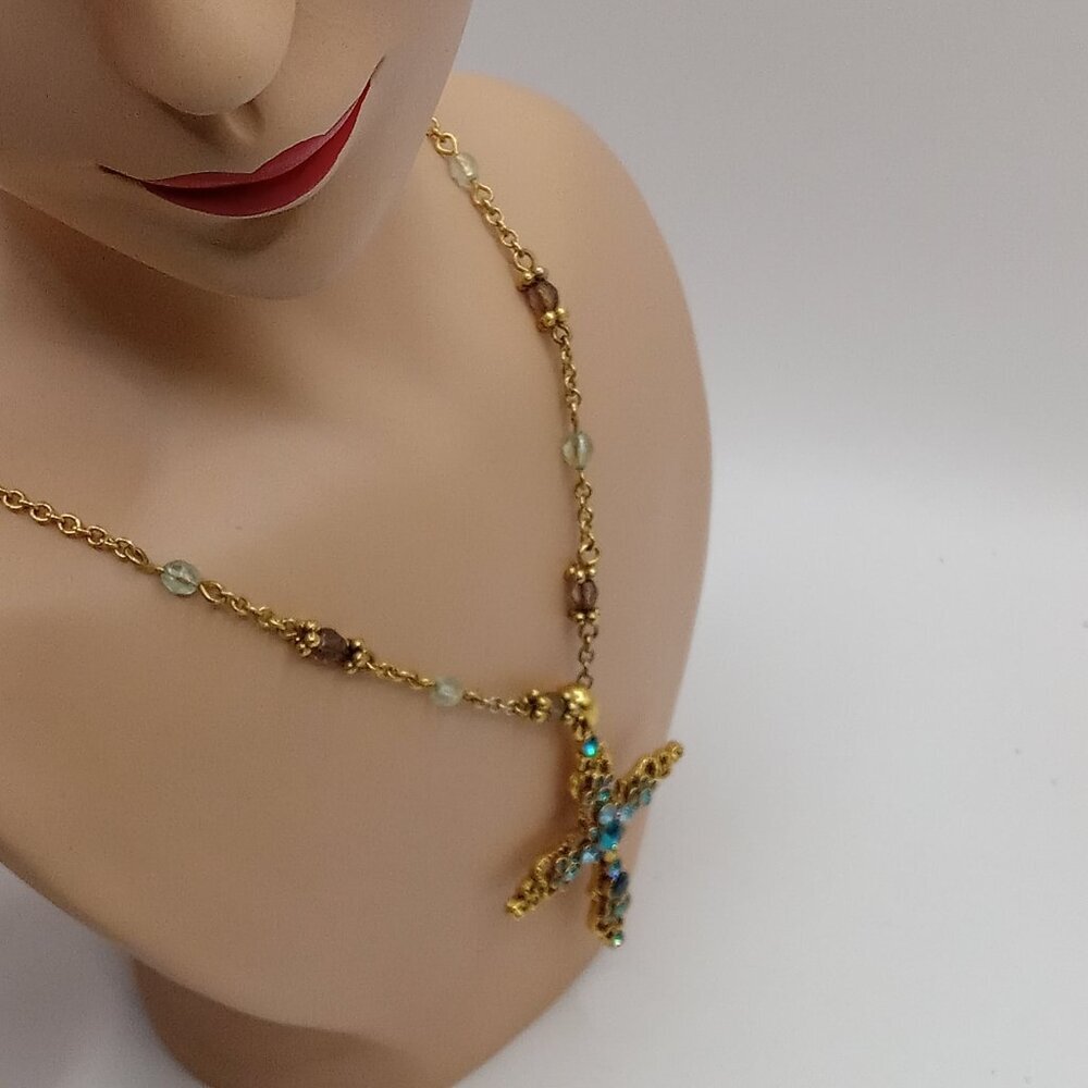 Blue Crystal Embellished CROSS Gold Tone Pendant Beaded Necklace - Picture 6 of 9
